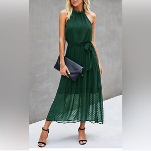 Pretty Garden M Emerald Green Textured Polka Dots Halter Maxi Dress